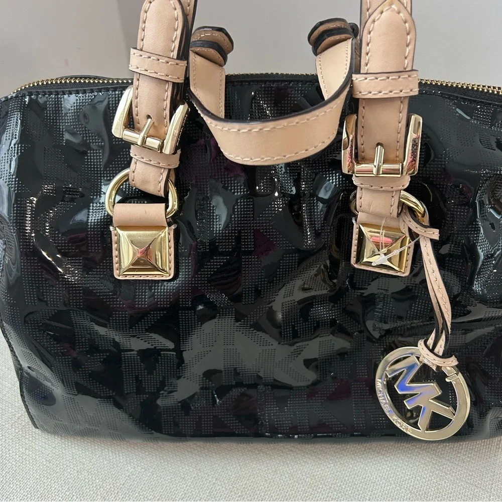 Michael Kors Grayson Black Patent Monogram Satchel Bag